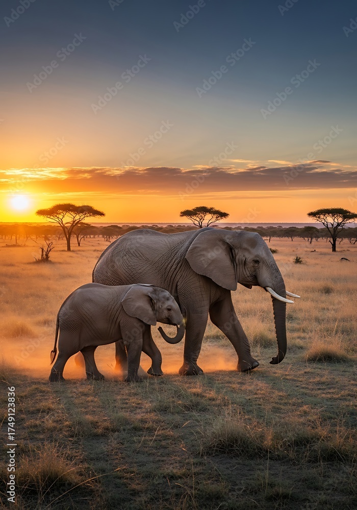 Fototapeta premium Elephants at Sunset - A Mother and Calf in the African Savanna.