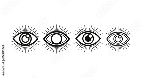 Four outlined eye icons with radiating light, representing vision, insight, and awareness, white background