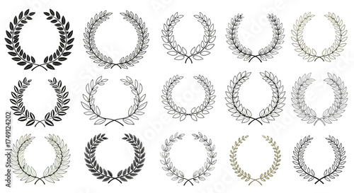 Set of vector laurel wreaths in different styles isolated on white background, white background