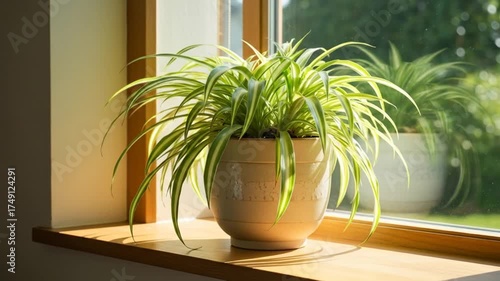 Spider Plant in a Pot on a Windowsill Bathed in Sunlight.