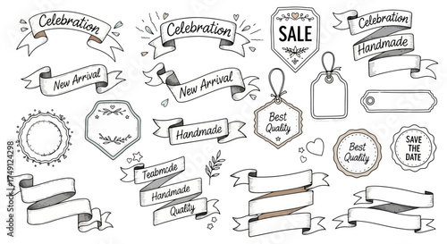 Set of hand-drawn style decorative ribbons, banners, and labels for various themes and purposes, white background