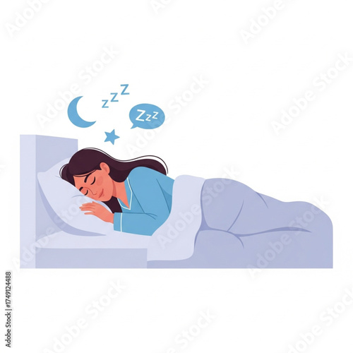 A woman peacefully sleeping in bed, dreaming under a crescent moon and stars.