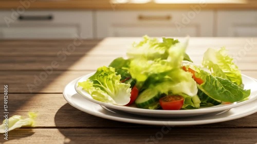 Fresh Green Salad with Crisp Lettuce, Cucumbers, and Tomatoes on a Wooden Kitchen Table.