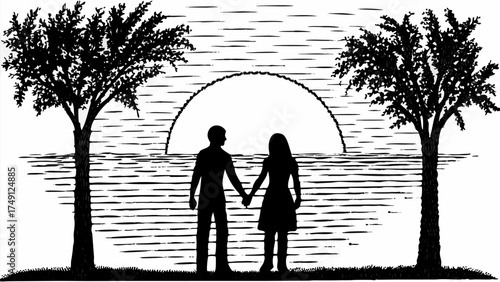 Romantic couple silhouette holding hands watching sunset by lake shore under trees, love concept