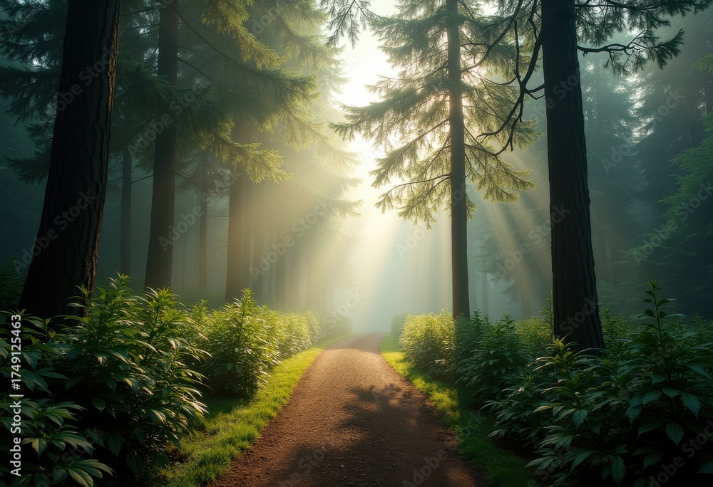 Naklejka premium Misty Path Through Enchanted Woods Surrounded by Lush Evergreens and Illuminated by Gentle Sunlight Rays