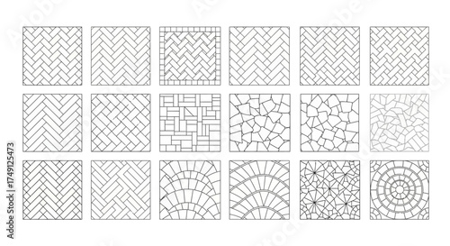 Vector illustration of different paving patterns in outline style, white background