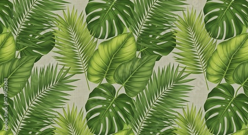 Close-up texture of bright green fern leaves or fronds in a summer rainforest garden
