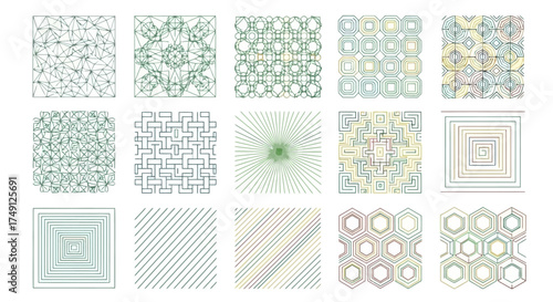 Abstract vector illustration featuring nine different geometric tile patterns, white background