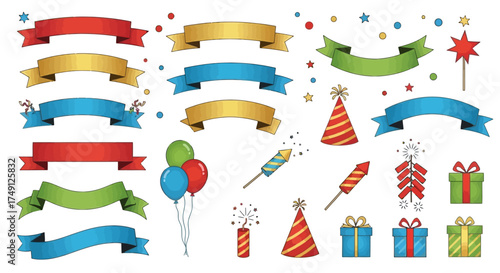 A set of decorative vector illustrations featuring banners, icons, and celebratory elements, white background