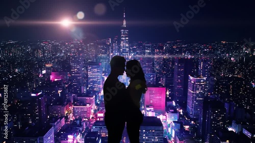 Silhouette of a Romantic Couple Kissing Over a Neon Cityscape at Night.