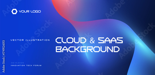 Wavy Blend Colorful Gradient Background Cloud Saas. Abstract Futuristic Texture, Wave Flow Lines Pattern Neon Blue Red Pink Glow BG for Digital Product Branding, Tech Forum. Vector Illustration