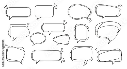 Collection of simple and modern speech bubble and frame vector illustrations in black and white, white background