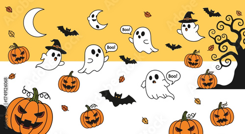 A Halloween vector illustration featuring pumpkins, ghosts, bats, and other spooky elements on a yellow background, white background