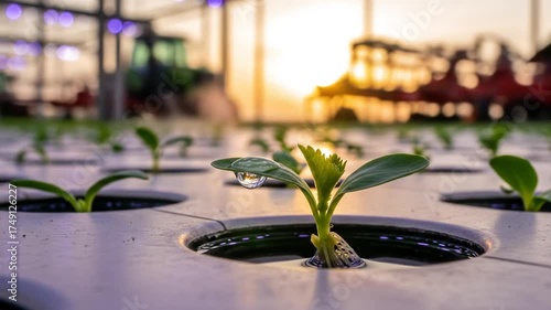 Hydroponic Farm Seedlings Growing Under Artificial Lights With Tractor In Background.