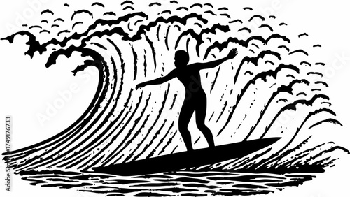 Riding the wave, a surfer's silhouette catches the thrill, dynamic ocean sport lifestyle, vectorized