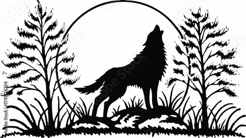 Eerie silhouette of a howling wolf framed by trees under the moon's glow, perfect for nature designs
