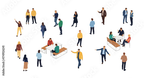 Overhead vector illustration of people in various poses, suitable for architectural and interior design planning, white background