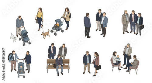 Overhead vector illustration of people in various poses, suitable for architectural and interior design planning, white background