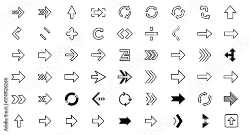 Collection of black arrow vector icons in various styles and directions, isolated on a white background, white background