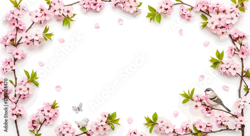 Spring frame and decoration set with cherry blossom elements for seasonal designs, white background