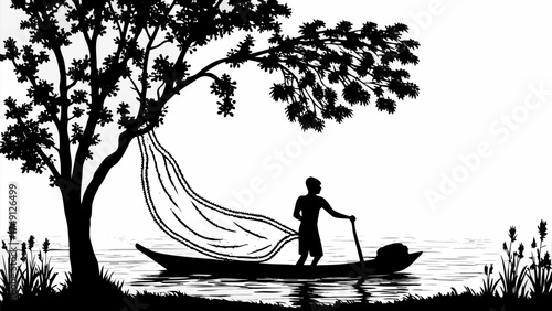 Serene silhouette of a lone fisherman casting net from boat beneath a tree on calm water