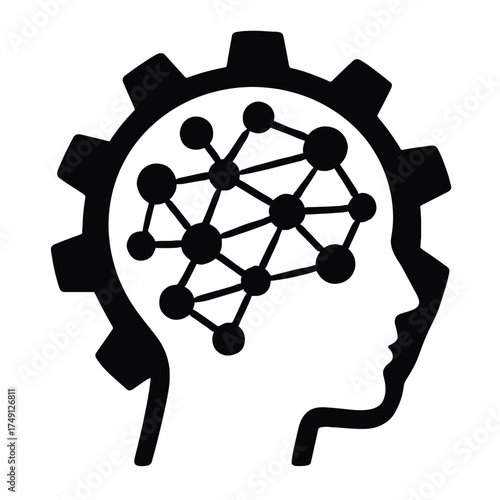 Black silhouette of human head profile with gear and neural network vector