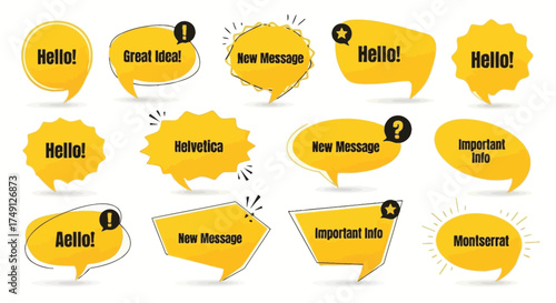 Set of yellow speech bubble frames with various shapes and text elements for graphic design use, white background