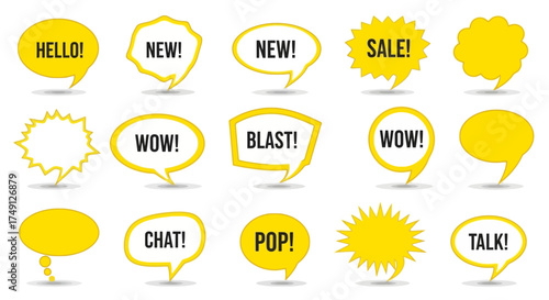 Set of yellow speech bubble frames with various shapes and text elements for graphic design use, white background
