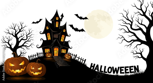 Halloween night background with spooky house, pumpkins, bats and full moon, white background