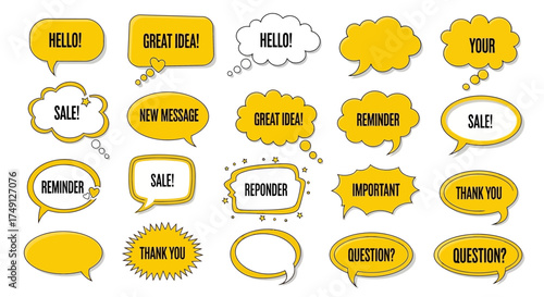 Set of yellow speech bubbles and frames with various design elements and text, isolated on white, white background