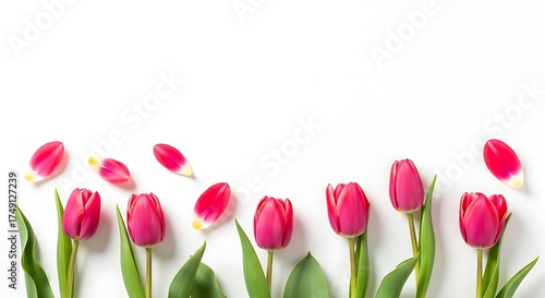 Vibrant Pink Tulips on White Background - A Springtime Floral Arrangement.