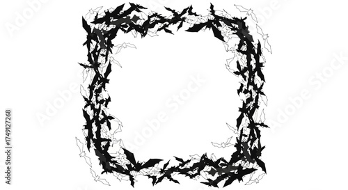 Vector illustration of a swarm of black and grey bats forming a frame on a transparent background, white background