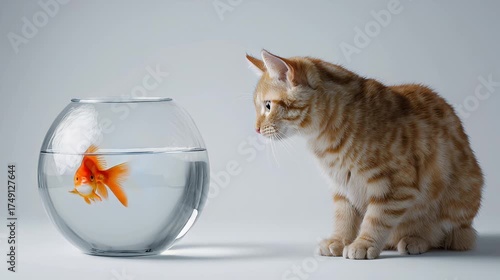 Ginger Kitten Gazing at Goldfish in Bowl
