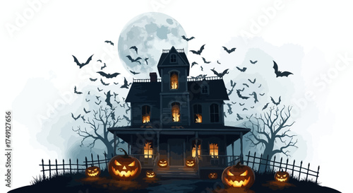 A spooky Halloween night scene featuring a haunted house, jack-o'-lanterns, bats, and a full moon, white background