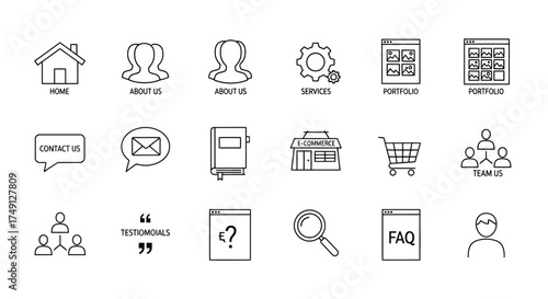 Set of minimal line icons representing business website components for simple and clean web design, white background