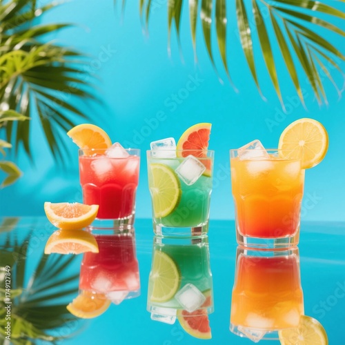 Three colorful cocktails with ice and citrus garnishes on a reflective surface with palm leaves and blue background