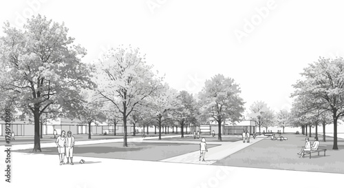 Architectural drawing of a park with trees and people in a grayscale style, white background