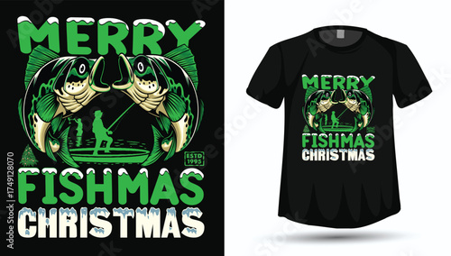 Merry Fishmas Christmas - Funny Bass Fishing Holiday T-Shirt Design with Vintage Graphic