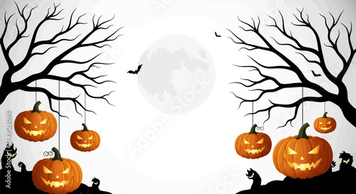 Spooky Halloween night illustration with pumpkins hanging from bare branches against a full moon, white background