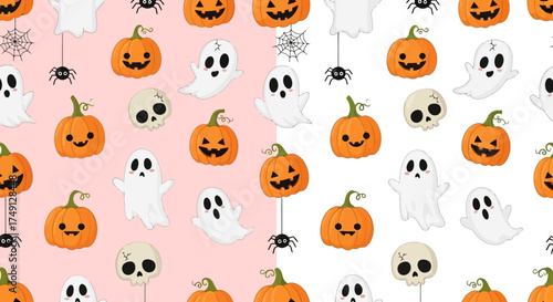 A cute Halloween seamless pattern with pumpkins, ghosts, spiders and skulls on a pink background, white background
