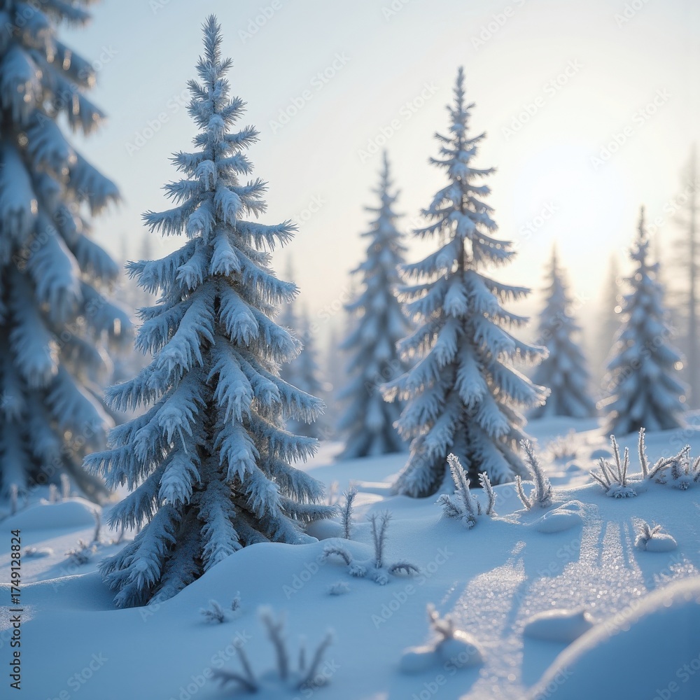 Obraz premium Frozen Pine Obelisk Standing on Glistening Snowy Expanse Under Overcast Atmosphere