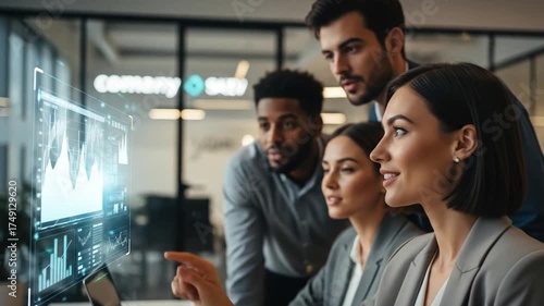 Diverse Team Analyzing Data on Transparent Screen in Modern Office.
