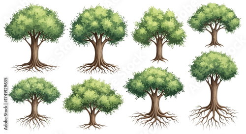 Watercolor Illustration of Various Tree Crowns and Roots for Architectural Visualization, white background