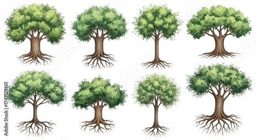 Watercolor Illustration of Various Tree Crowns and Roots for Architectural Visualization, white background