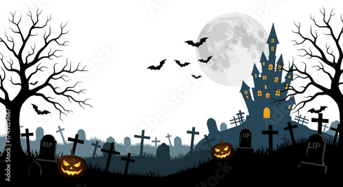 Spooky Halloween night graveyard scene with full moon, bats, and haunted castle in the background, white background