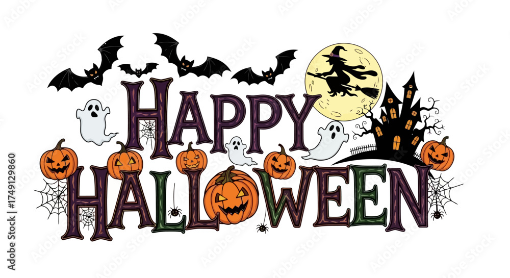 Fototapeta premium Halloween themed lettering vector design with bats and witch illustration, white background