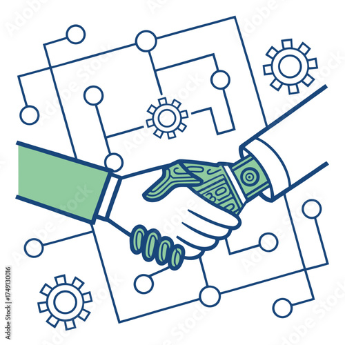 Human and robot hands shake in a digital network