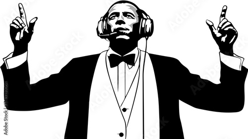 Retro style illustration of a confident professional in formal attire and headset directing or signaling with raised hands.