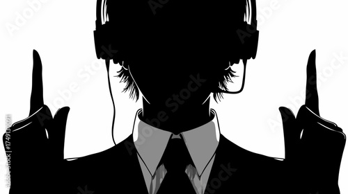 Mysterious silhouette of a person wearing headphones and a business suit, pointing index fingers upwards in a stark black and white graphic style.