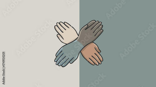 Diverse multi-ethnic hands in a collaborative circle, symbolizing teamwork, unity, and inclusion. Global community partnership.